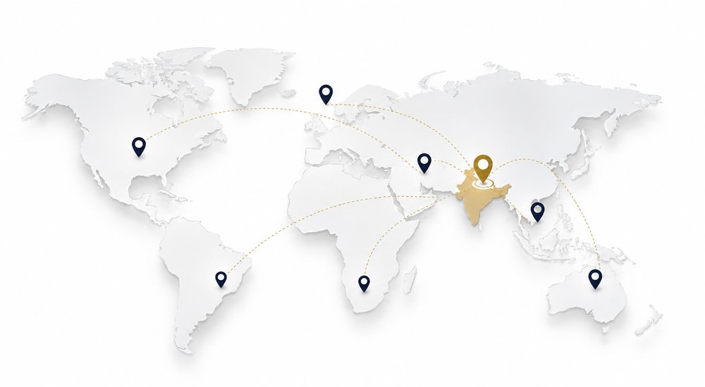 World map showing NRI clients connecting to our team in India from the USA, UK, UAE, Australia, Singapore, South Africa and more